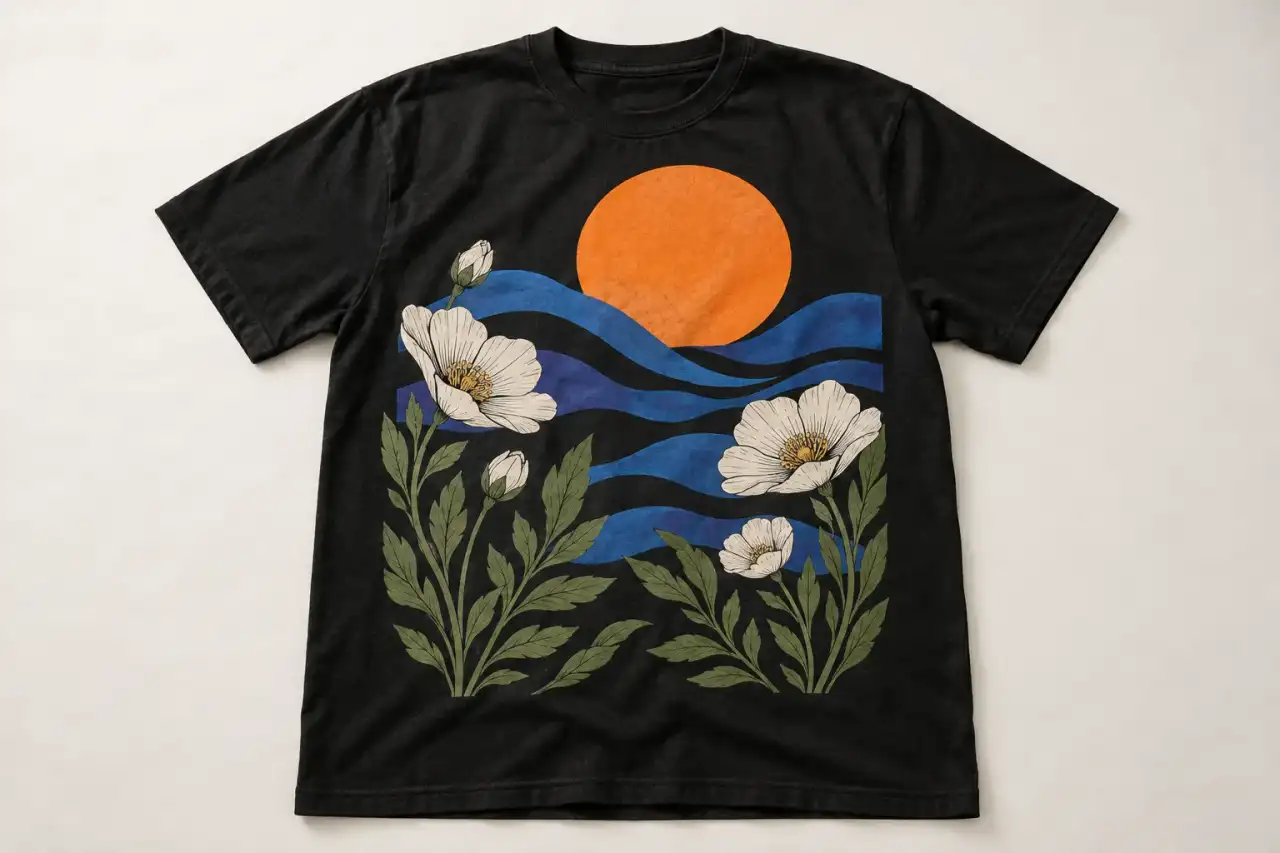 AI concept of a black T-shirt printed with an orange sun, blue waves and cream flowers