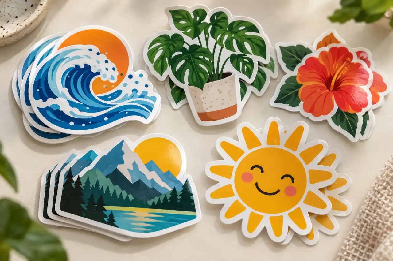 AI concept of colourful die-cut stickers showing waves, plants, flowers, mountains and a smiling sun